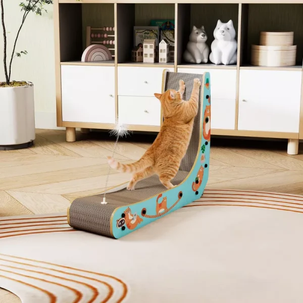 Cat Scratcher Lounge Corrugated Cardboard Scratching Pad for Indoor Cats Durable Cat Furniture with Feather Spring Toy Cartoon Design - Image 2